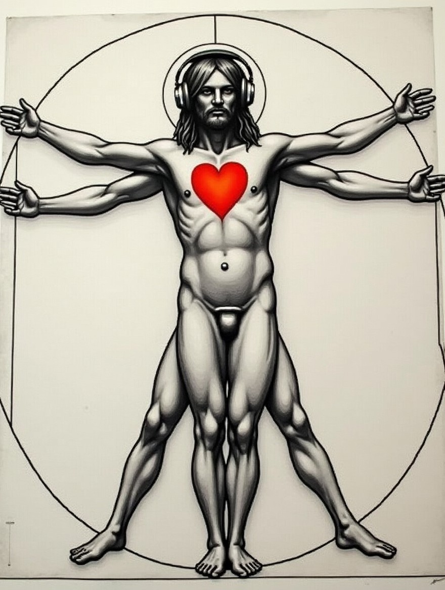 A reinterpretation of da Vinci's Vitruvian Man, featuring the original figure with a modern twist