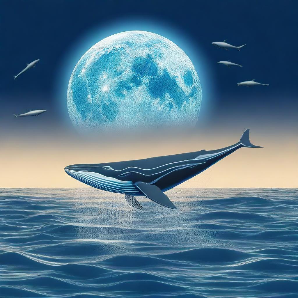 generate an image of a blue whale swimming with dolphins under a full moonlight