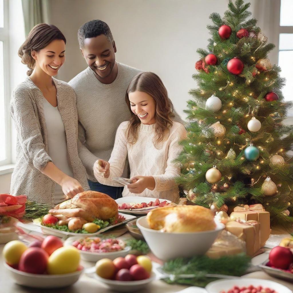 A joyful family preparing a festive holiday feast with a Christmas tree in the background, adorned with twinkling lights and colorful ornaments, presents scattered below it