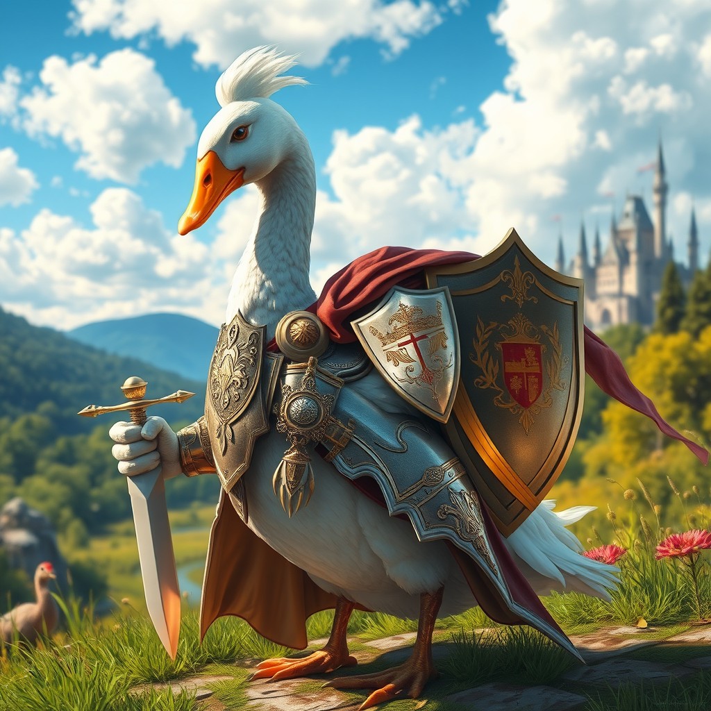 An anatomically correct goose dressed in elaborate paladin armor, featuring shining silver and gold elements, intricate engravings, and a cape flowing in the wind