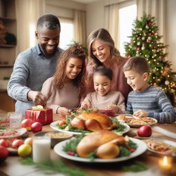 A joyful family preparing a festive holiday feast with a Christmas tree in the background, adorned with twinkling lights and colorful ornaments, presents scattered below it