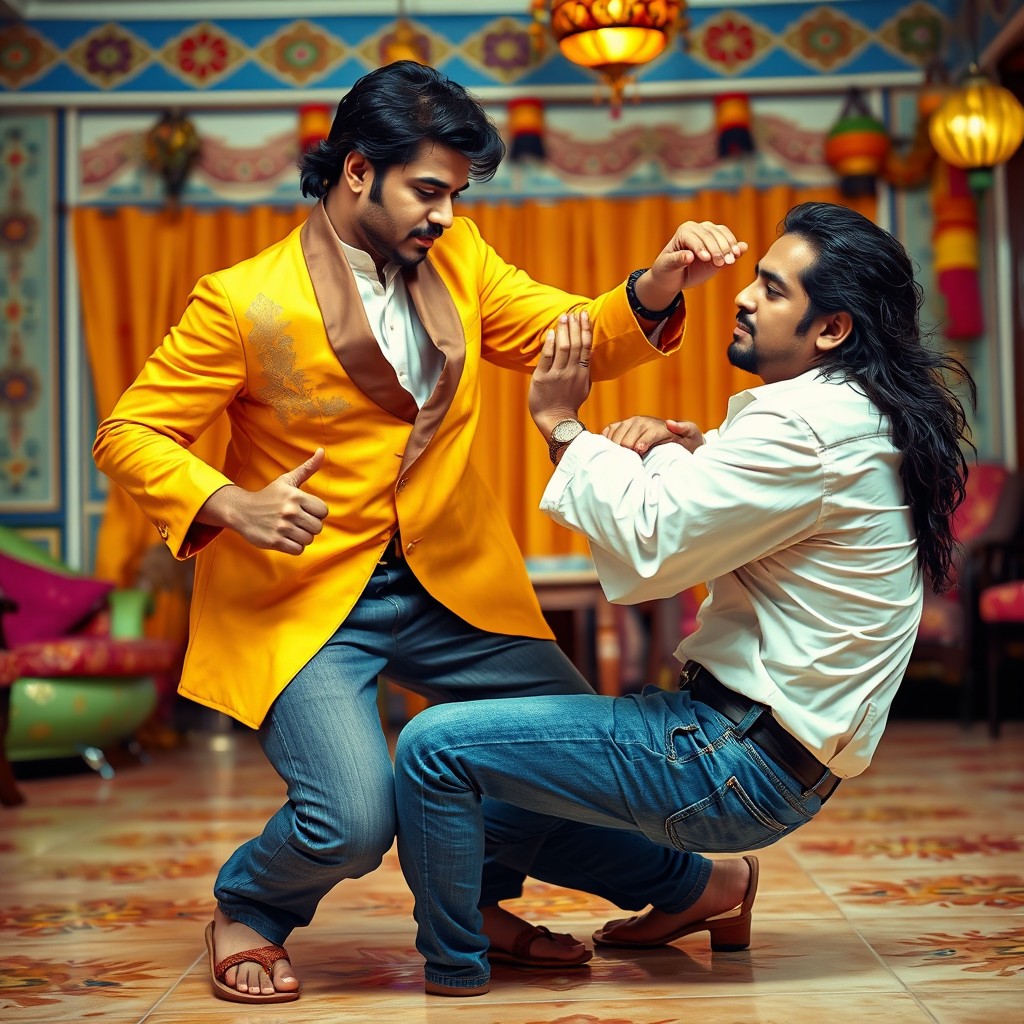 An Indian man dressed in a stylish yellow and brown suit, performing a morote seoi nage self-defense technique on a white man with long black hair, who is wearing a wet white shirt and blue jeans, both on a tiled floor within a vibrant Bollywood-style home