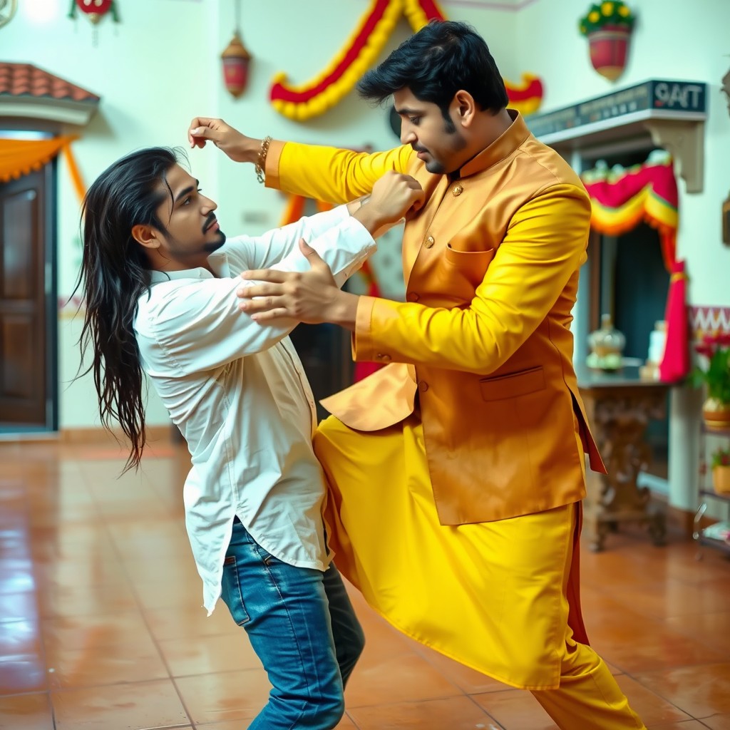 An Indian man dressed in a yellow and brown suit executing a Morote Seoi Nage self-defense technique on a white man with long black hair, who is wearing a wet white shirt and blue jeans, on the tiled floor of a Bollywood-style house