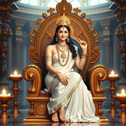 A captivating image of a beautiful divine goddess, or 'devi', with radiant milk-glow skin, seated alluringly on a magnificent divine throne in a resplendent palace in Swarglok