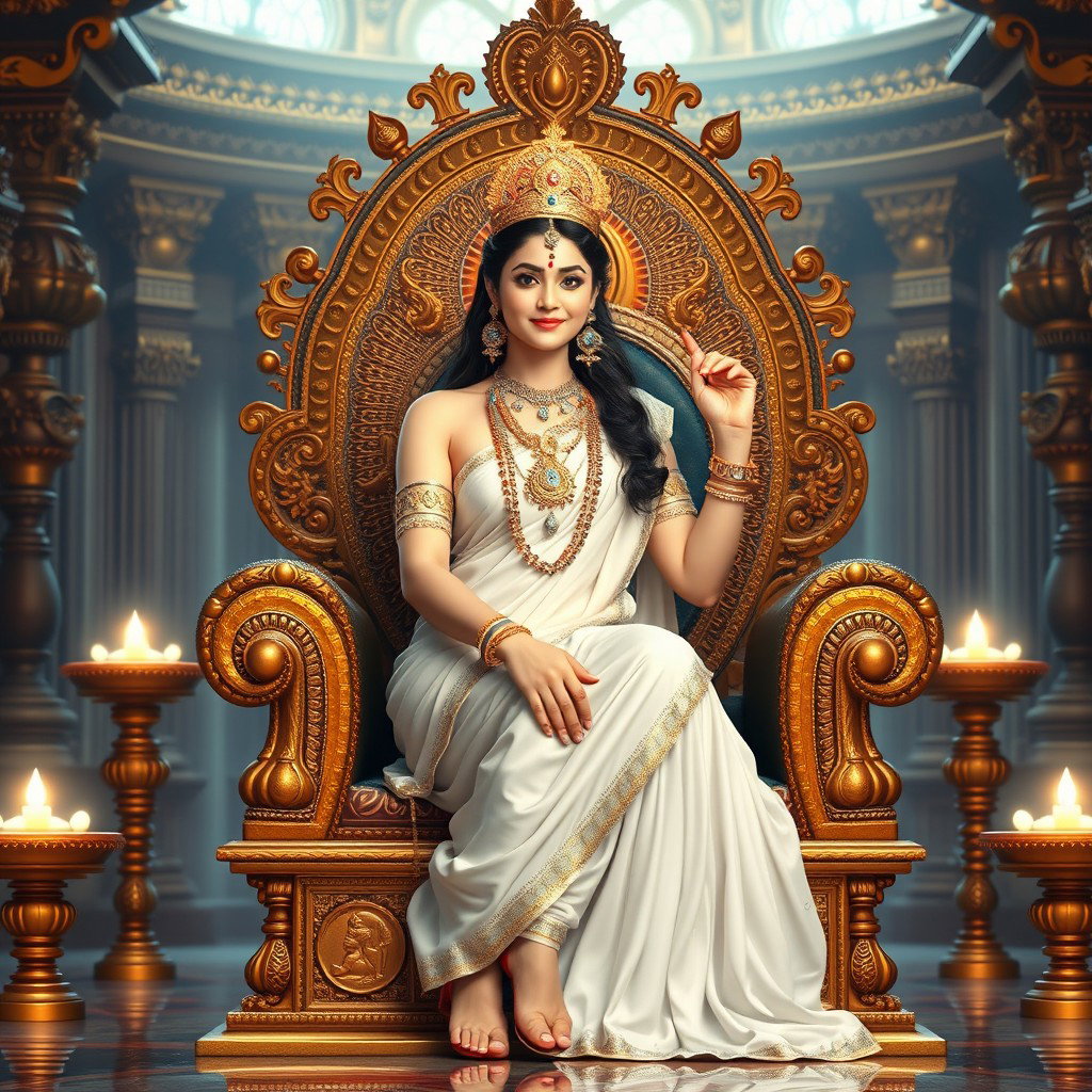 A captivating image of a beautiful divine goddess, or 'devi', with radiant milk-glow skin, seated alluringly on a magnificent divine throne in a resplendent palace in Swarglok