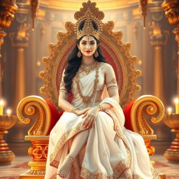 A captivating image of a beautiful divine goddess, or 'devi', with radiant milk-glow skin, seated alluringly on a magnificent divine throne in a resplendent palace in Swarglok