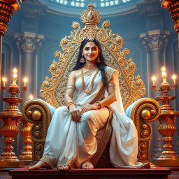 A captivating image of a beautiful divine goddess, or 'devi', with radiant milk-glow skin, seated alluringly on a magnificent divine throne in a resplendent palace in Swarglok