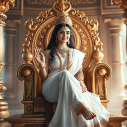 A captivating image of a beautiful divine goddess, or 'devi', with radiant milk-glow skin, seated alluringly on a magnificent divine throne in a resplendent palace in Swarglok