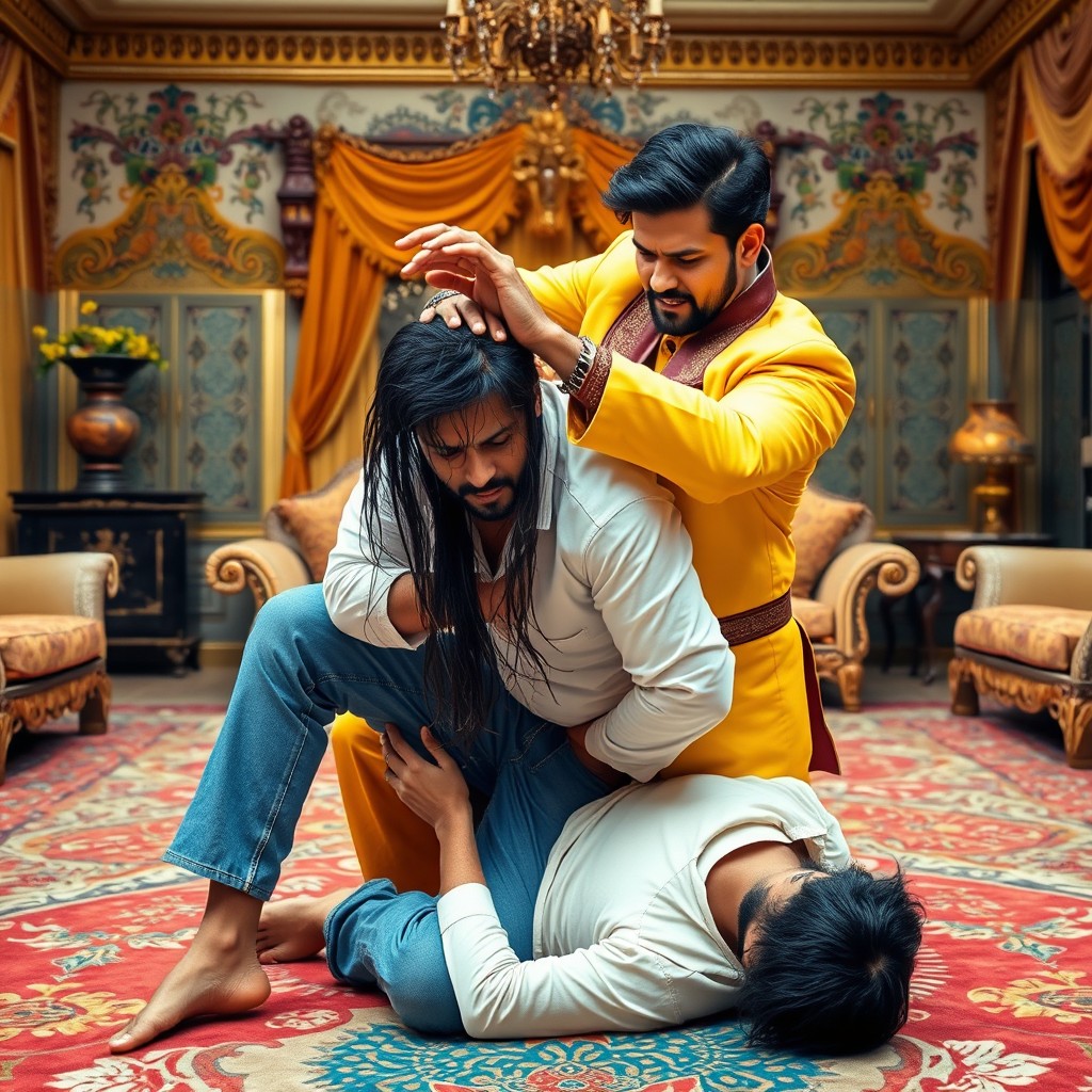 An Indian man dressed in a yellow and brown suit demonstrating a self-defense technique in a Bollywood-style house, skillfully overpowering another man with long black hair