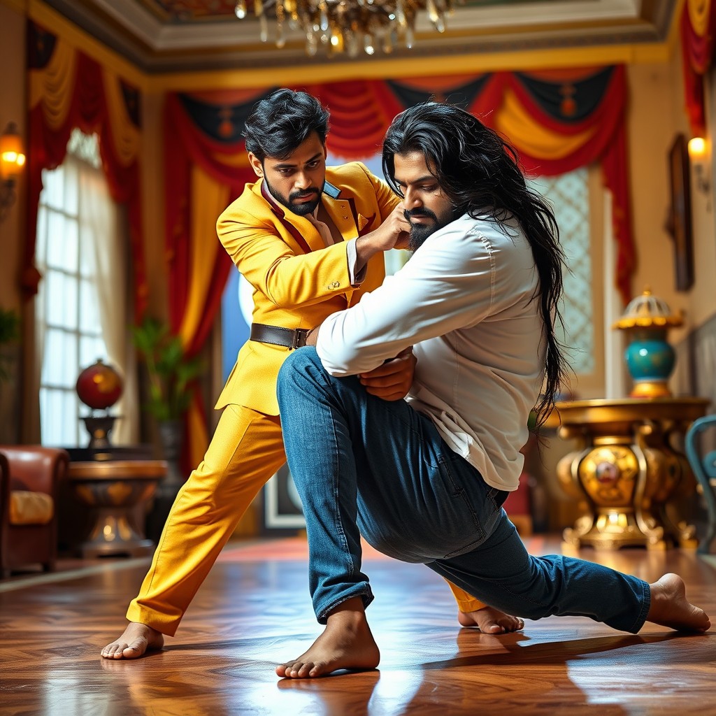 An Indian man wearing a yellow and brown suit inside a Bollywood-style house, demonstrating a self-defense technique on another man with long black hair, dressed in a wet white shirt and blue jeans, skillfully pinning him to the ground
