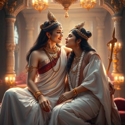 An enchanting portrayal of a beautiful divine goddess, or 'devi', with radiant milk-glow skin, seated gracefully in a luxurious palace in Swarglok