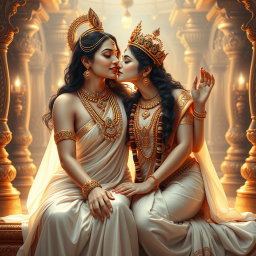 An enchanting portrayal of a beautiful divine goddess, or 'devi', with radiant milk-glow skin, seated gracefully in a luxurious palace in Swarglok