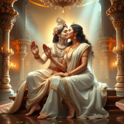 An enchanting portrayal of a beautiful divine goddess, or 'devi', with radiant milk-glow skin, seated gracefully in a luxurious palace in Swarglok