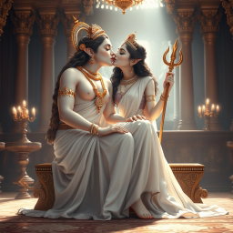 An enchanting portrayal of a beautiful divine goddess, or 'devi', with radiant milk-glow skin, seated gracefully in a luxurious palace in Swarglok