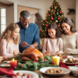 A joyful family preparing a festive holiday feast with a Christmas tree in the background, adorned with twinkling lights and colorful ornaments, presents scattered below it