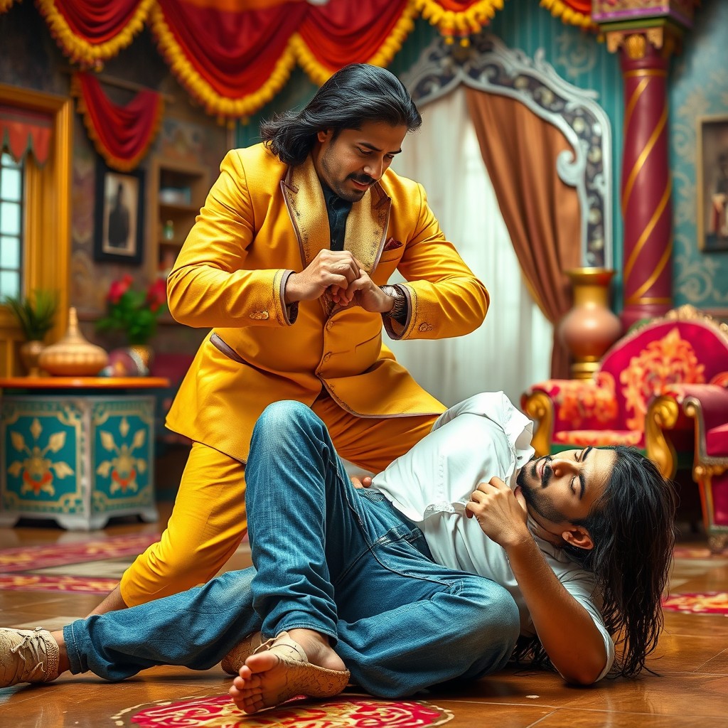 An Indian man wearing a yellow and brown suit is depicted within a vibrant Bollywood-style house