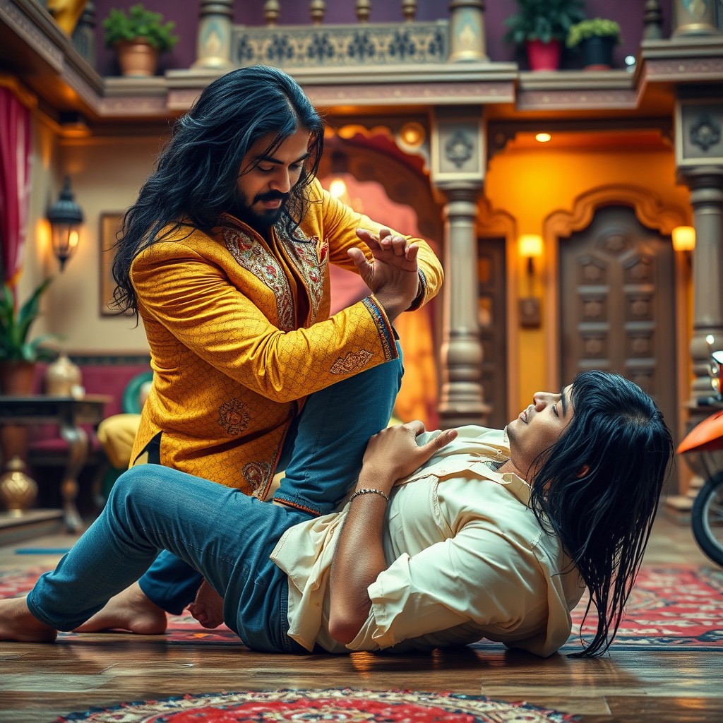 An Indian man dressed in a yellow and brown suit is executing a self-defense technique on a white man with long black hair, who is wearing a wet white shirt and blue jeans