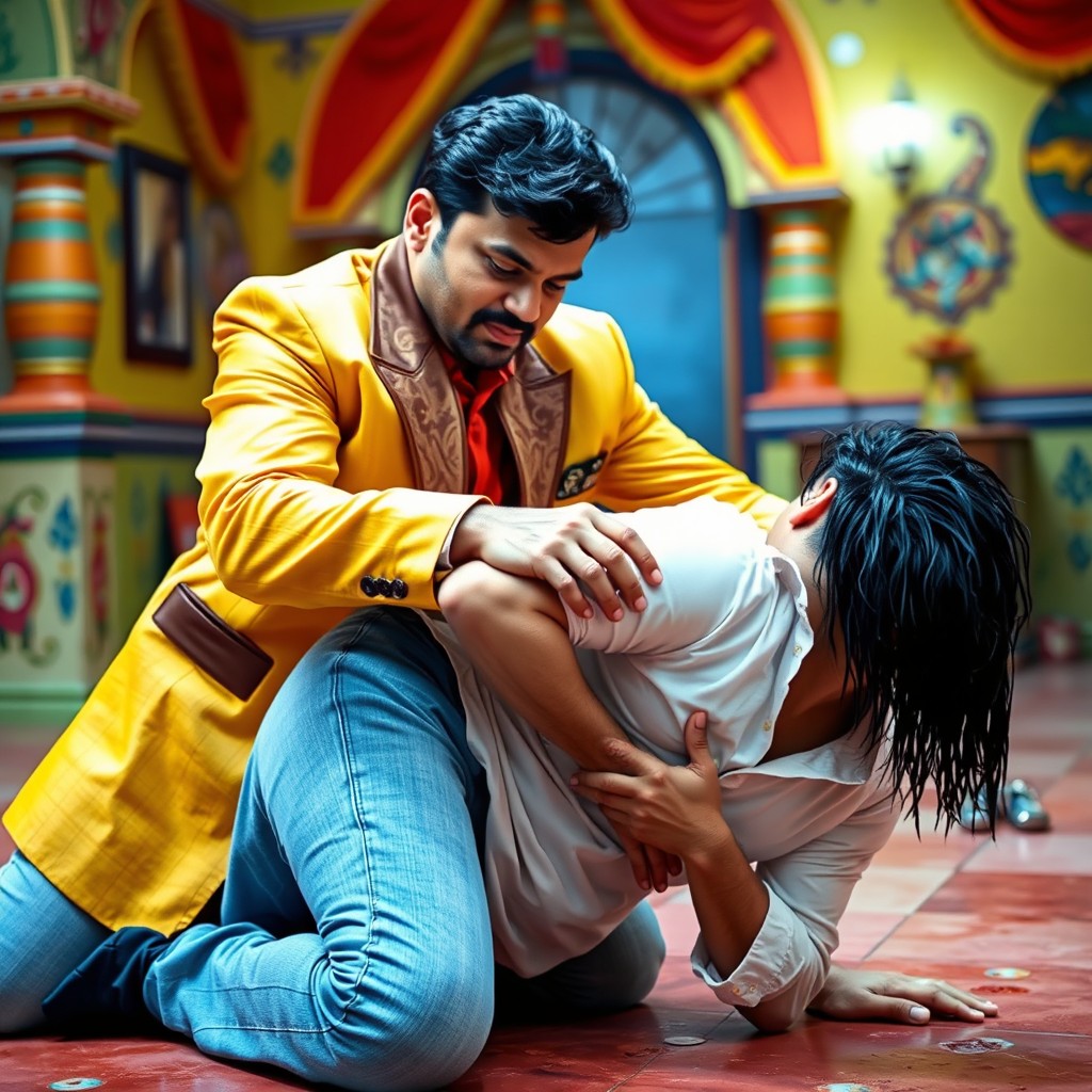 An Indian man dressed in a yellow and brown suit, inside a vibrant Bollywood-themed house, demonstrating a self-defense technique against a white man with long black hair, wearing a wet white shirt and blue jeans