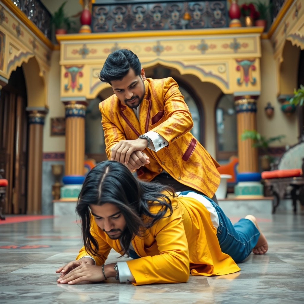 An Indian man dressed in a vibrant yellow and brown suit is performing a self-defense technique on a Caucasian man with long black hair, who is wearing a white shirt and blue jeans