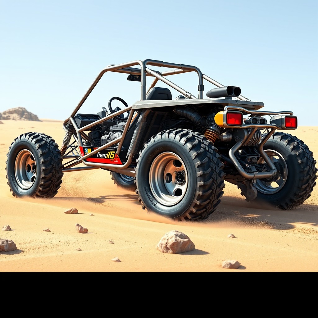 A detailed 3D sketch of a crosskart, showcasing an off-road racing vehicle with an open frame design