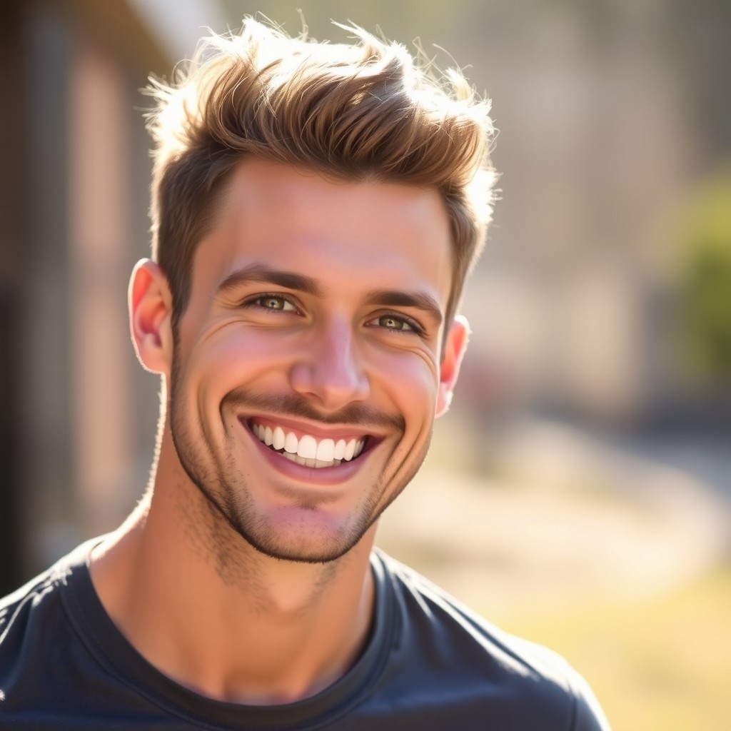 A handsome man with a captivating smile, standing outdoors with a soft natural background