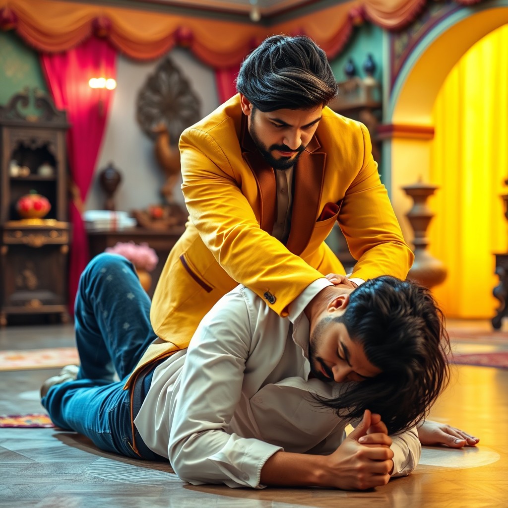 An Indian man with well-styled hair, dressed in a yellow and brown suit, demonstrating a self-defense technique on another man with long black hair, who is wearing a white shirt and blue jeans