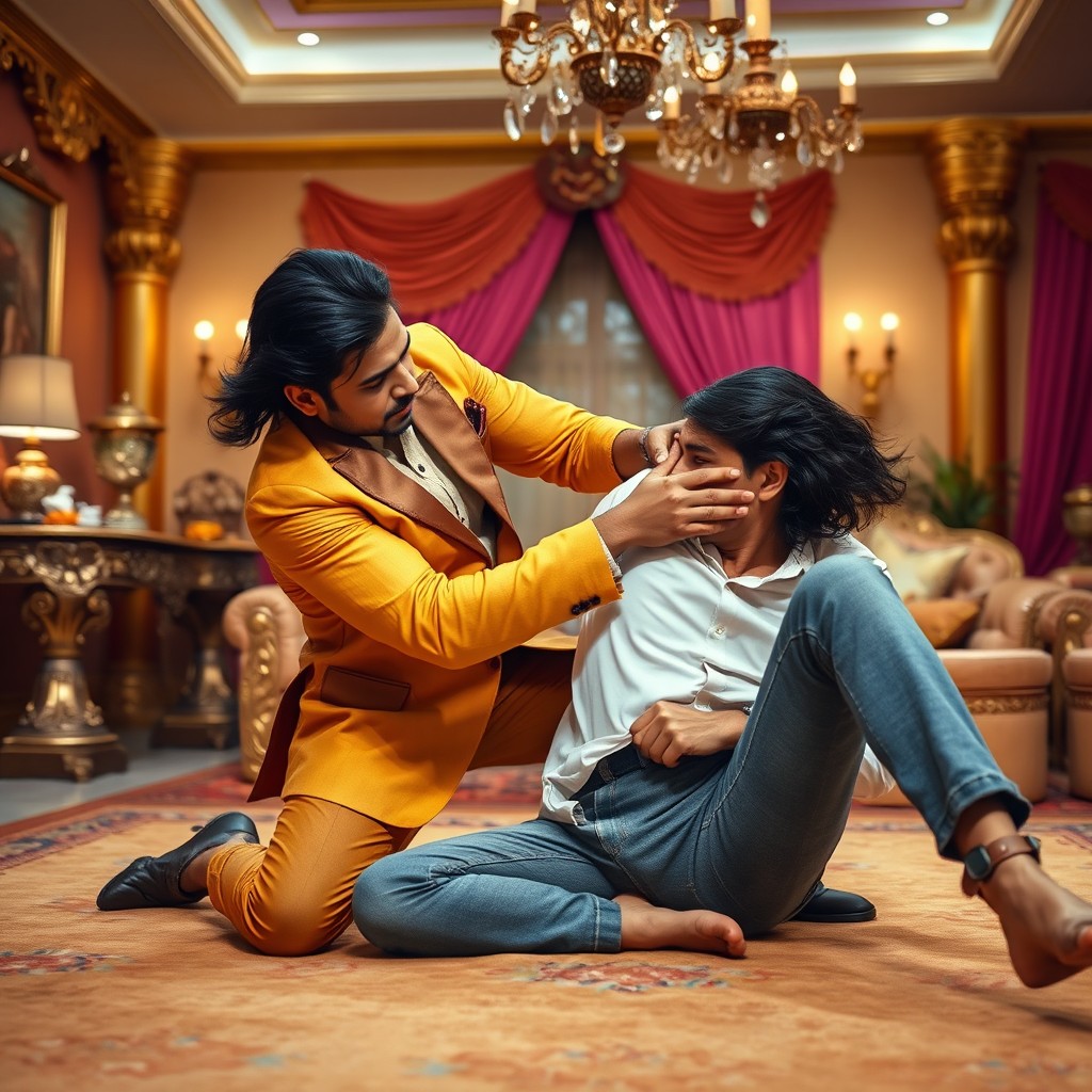 An Indian man, well-groomed and dressed in a stylish yellow and brown suit, performs a self-defense technique against a white man with long black hair, who is wearing a white shirt and blue jeans