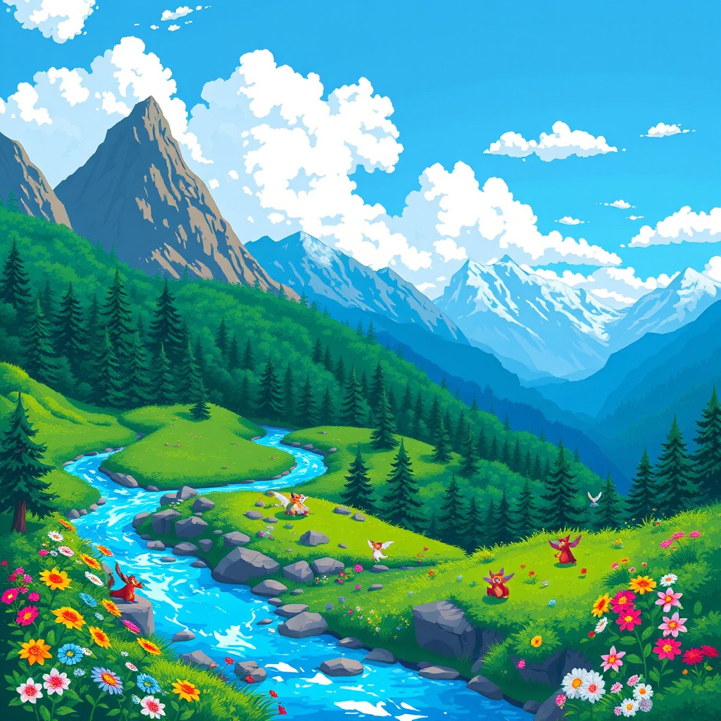 A vibrant, detailed pixel art scene showcasing a fantasy landscape with a lush green forest, a sparkling blue river flowing through it, and colorful flowers blooming along the riverbanks