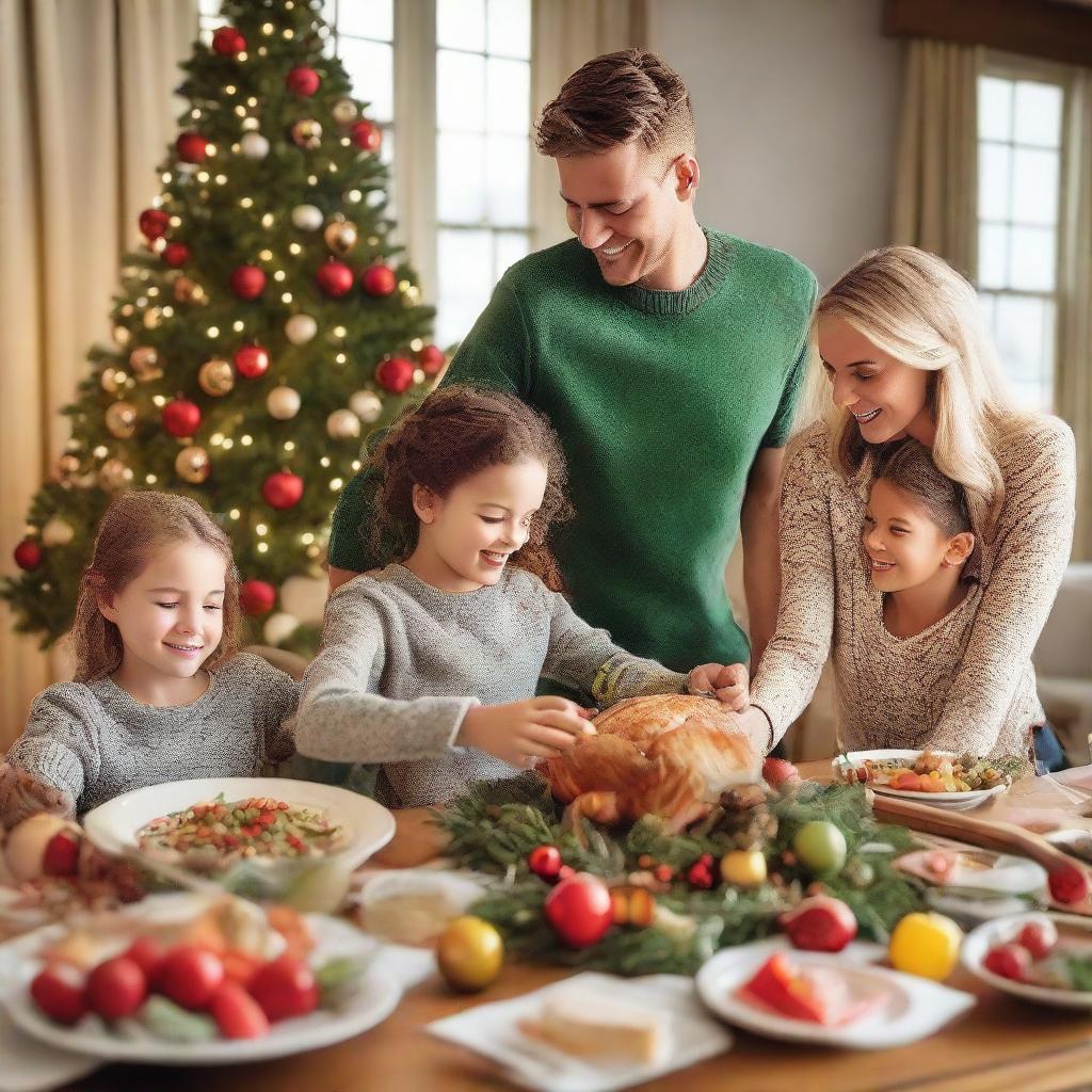 A joyful family preparing a festive holiday feast with a Christmas tree in the background, adorned with twinkling lights and colorful ornaments, presents scattered below it