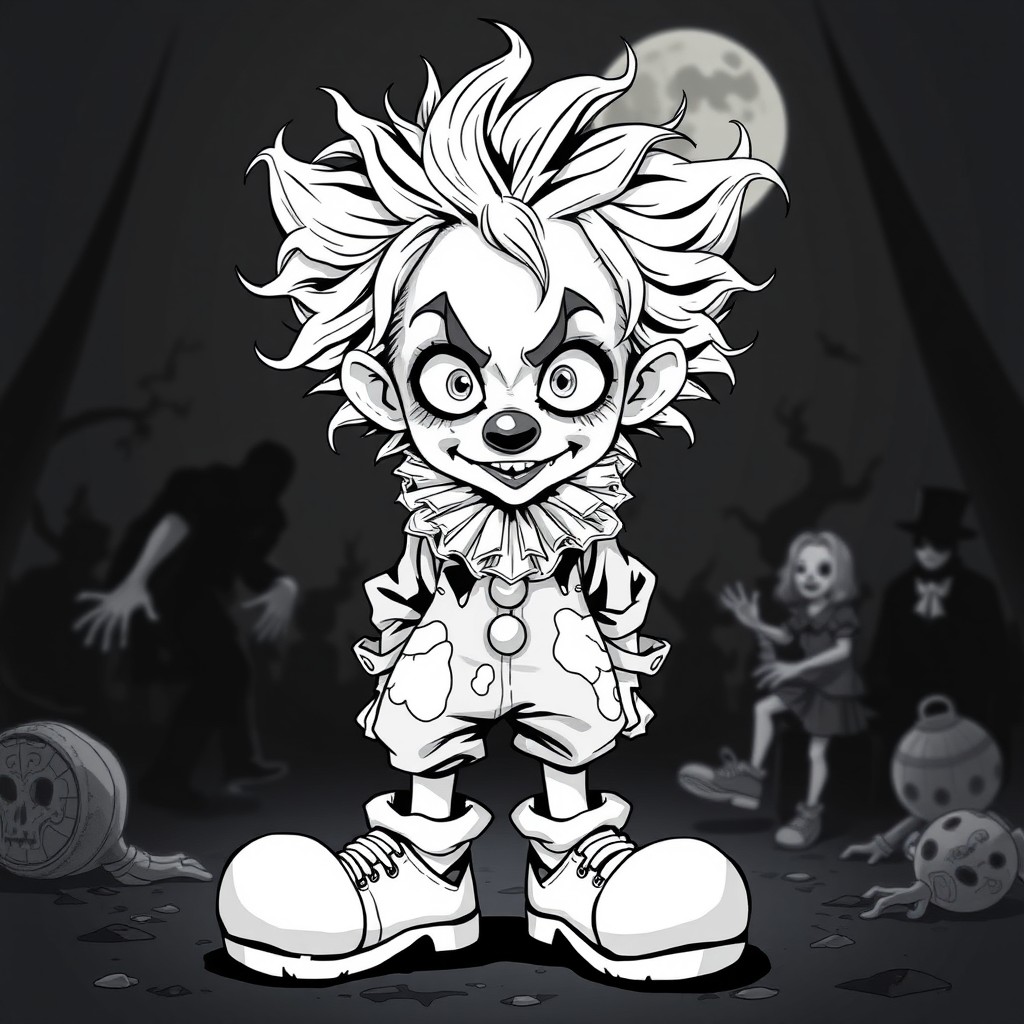 A black and white illustration of a horror-themed clown anime boy, featuring exaggerated facial features, oversized shoes, and a sinister yet playful expression