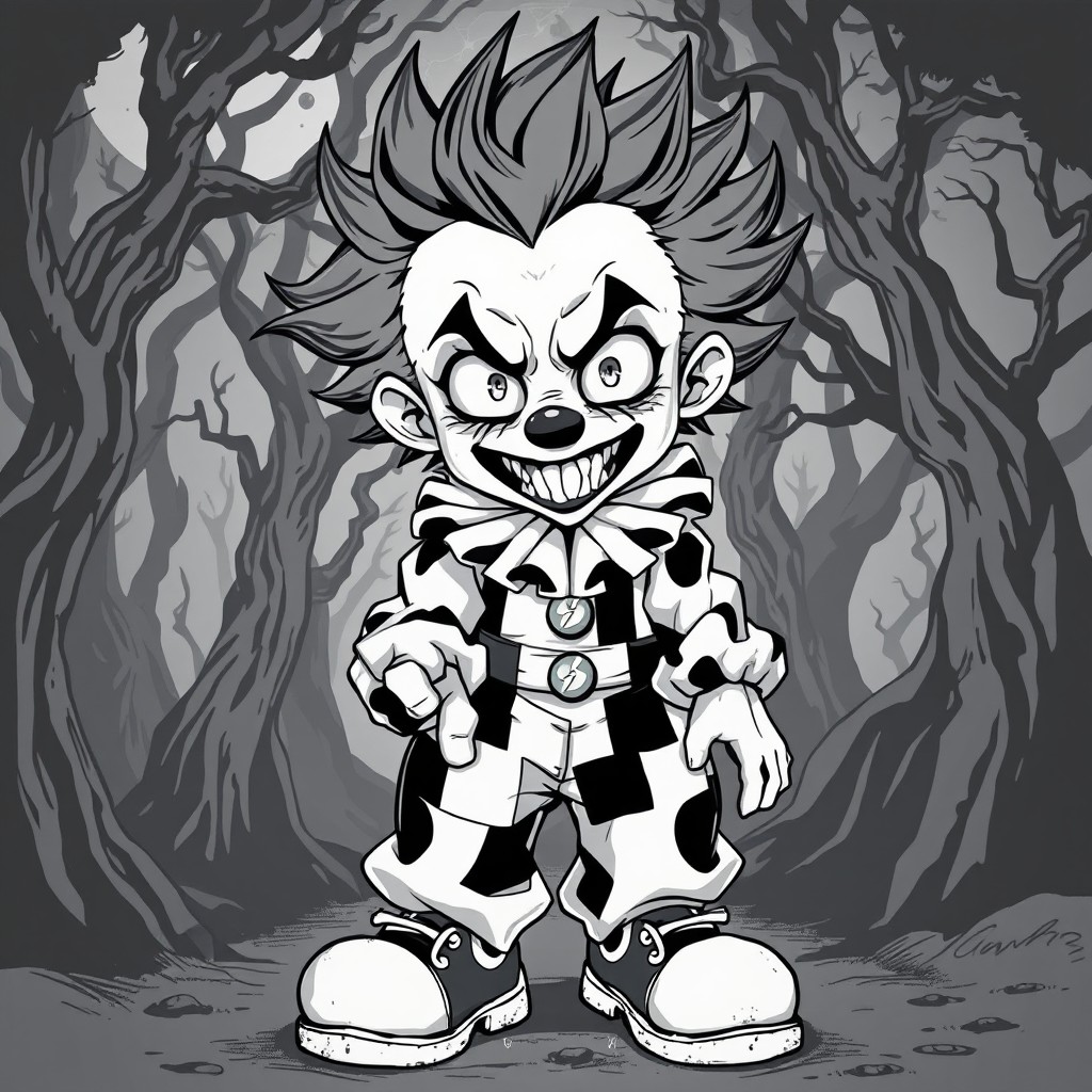 A chilling black and white illustration of a horror-themed clown anime boy, showcasing eerie features and a whimsical yet terrifying demeanor