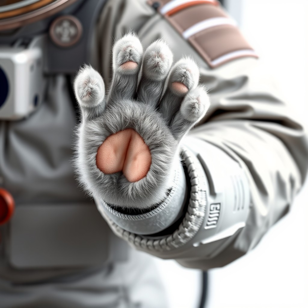 A realistic cat paw sticking out of a space suit sleeve, reaching out for a high five
