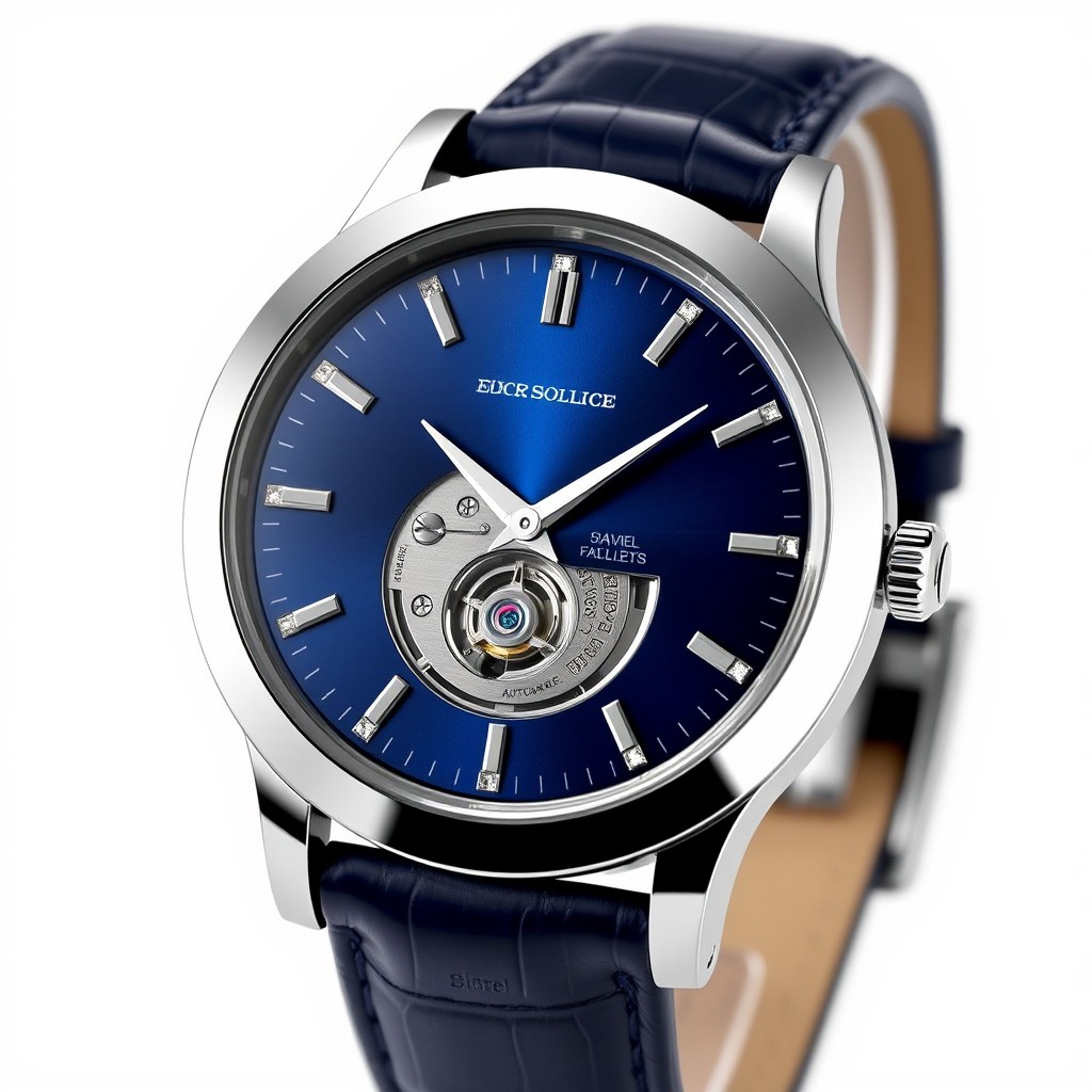 A luxurious and elegant wristwatch design featuring a silver stainless steel case and a deep blue dial