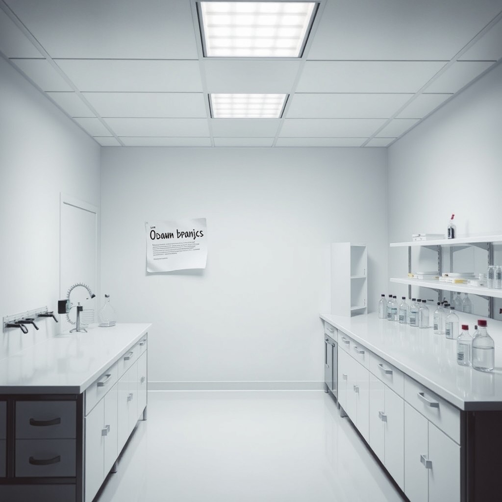 A book cover depicting a sterile laboratory where experiments are conducted, without any people present