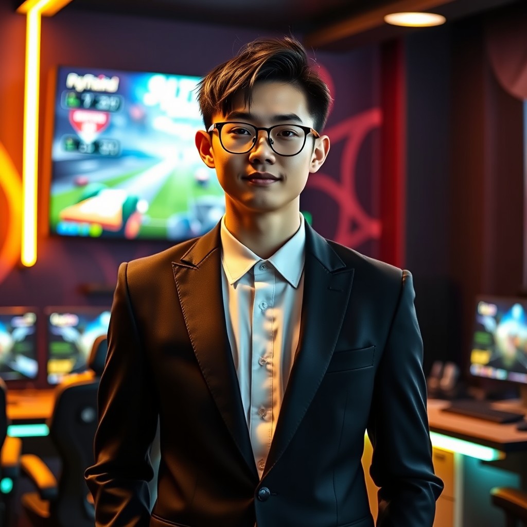 A professional esports player, Kyosuke, wearing a sleek black suit, standing confidently in a modern gaming studio