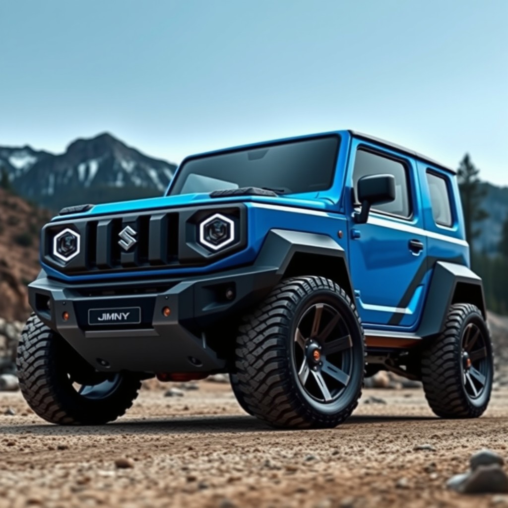 A futuristic design of a 2027 Suzuki Jimny, featuring a compact, rugged body with sharp edges and smooth curves, vibrant colors such as electric blue and matte black accents