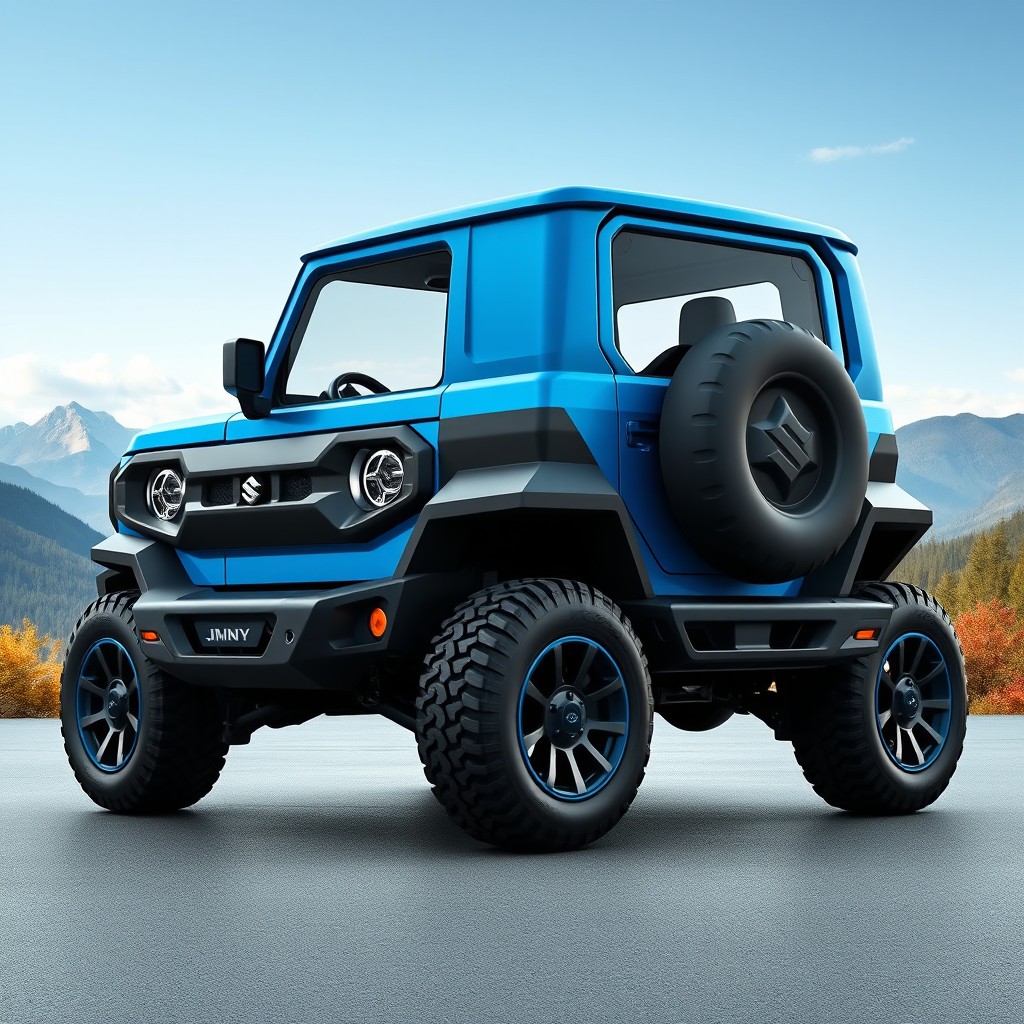 A side view of a futuristic design of the 2027 Suzuki Jimny, showcasing its compact and rugged body with sharp edges and smooth curves