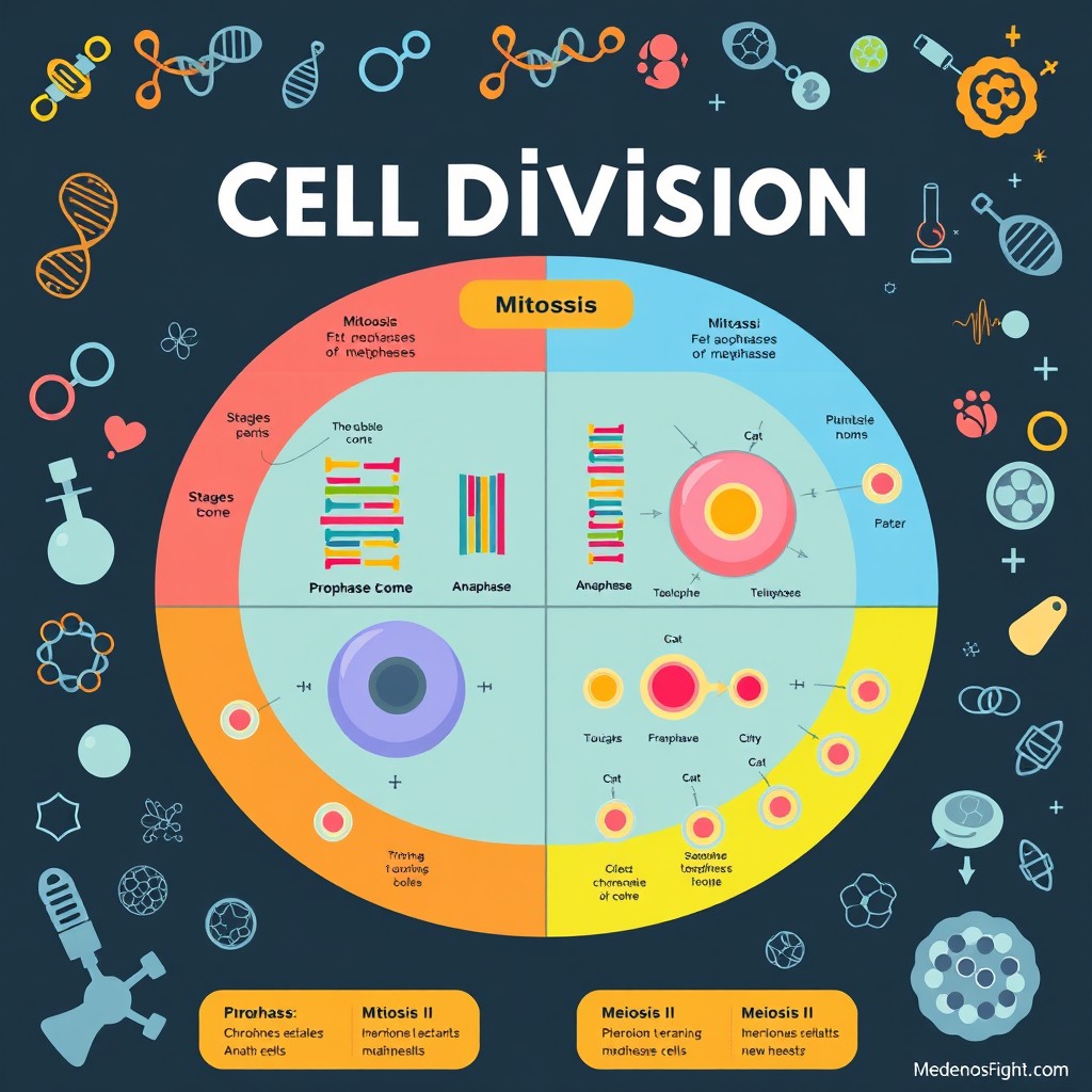 A vibrant and educational digital poster illustrating the process of cell division, featuring both mitosis and meiosis