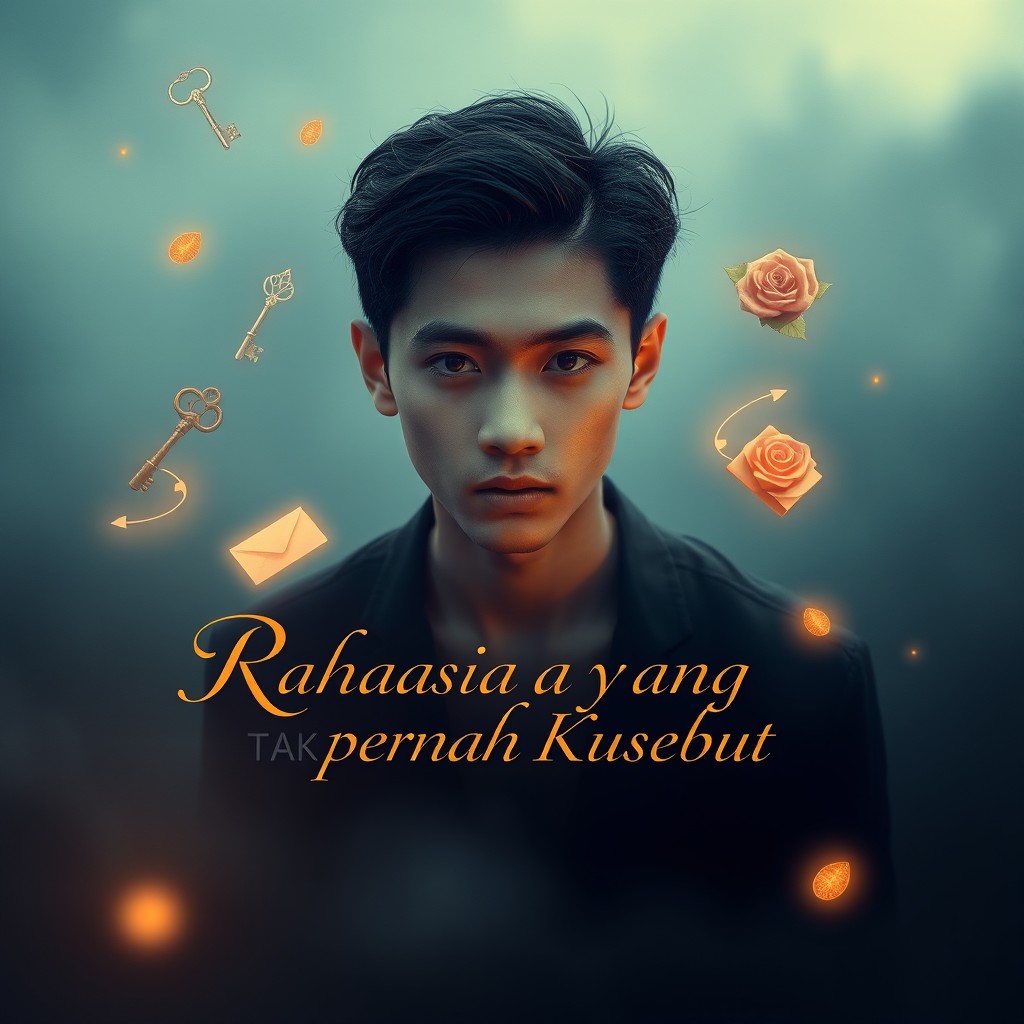 A young man with enigmatic, melancholic eyes, floating slightly above the ground in a dreamlike, foggy landscape