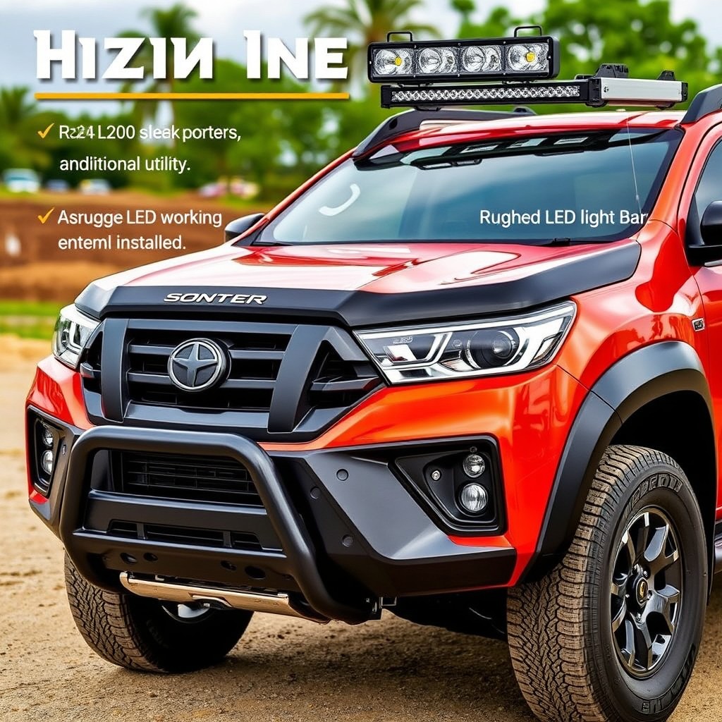 Modify a 2024 L200 Sportero pickup truck featuring a stylish front bumper, a sleek black roll bar, roof bars for additional utility, a rugged LED working light bar installed, and a distinctive front grill