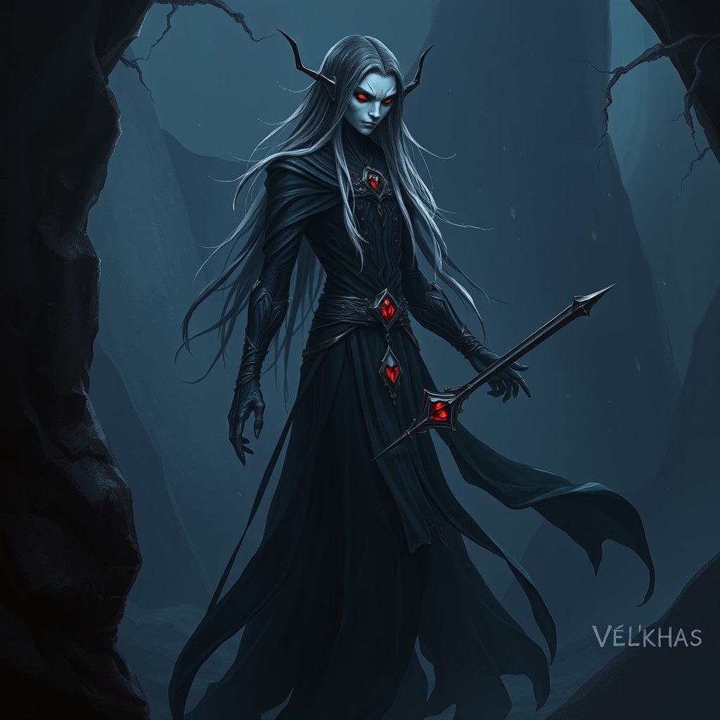 A tall, slender drow named Vél'khas, with skin resembling faded marble, almost white despite his underground origins