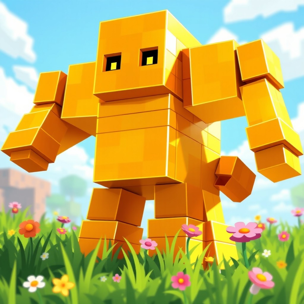 A golden golem in a Minecraft-inspired pixel art style, featuring vibrant gold colors reflecting light