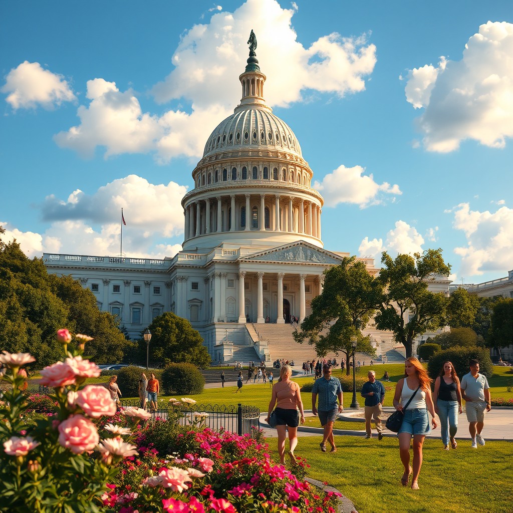 An artistic view of the United States Capitol building, showcasing its magnificent dome and grand architecture