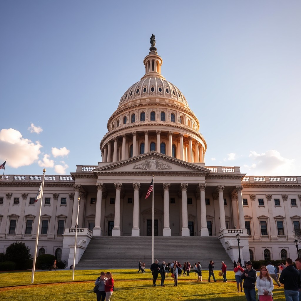 A detailed front elevation view of the United States Capitol building, highlighting its iconic neoclassical architectural style