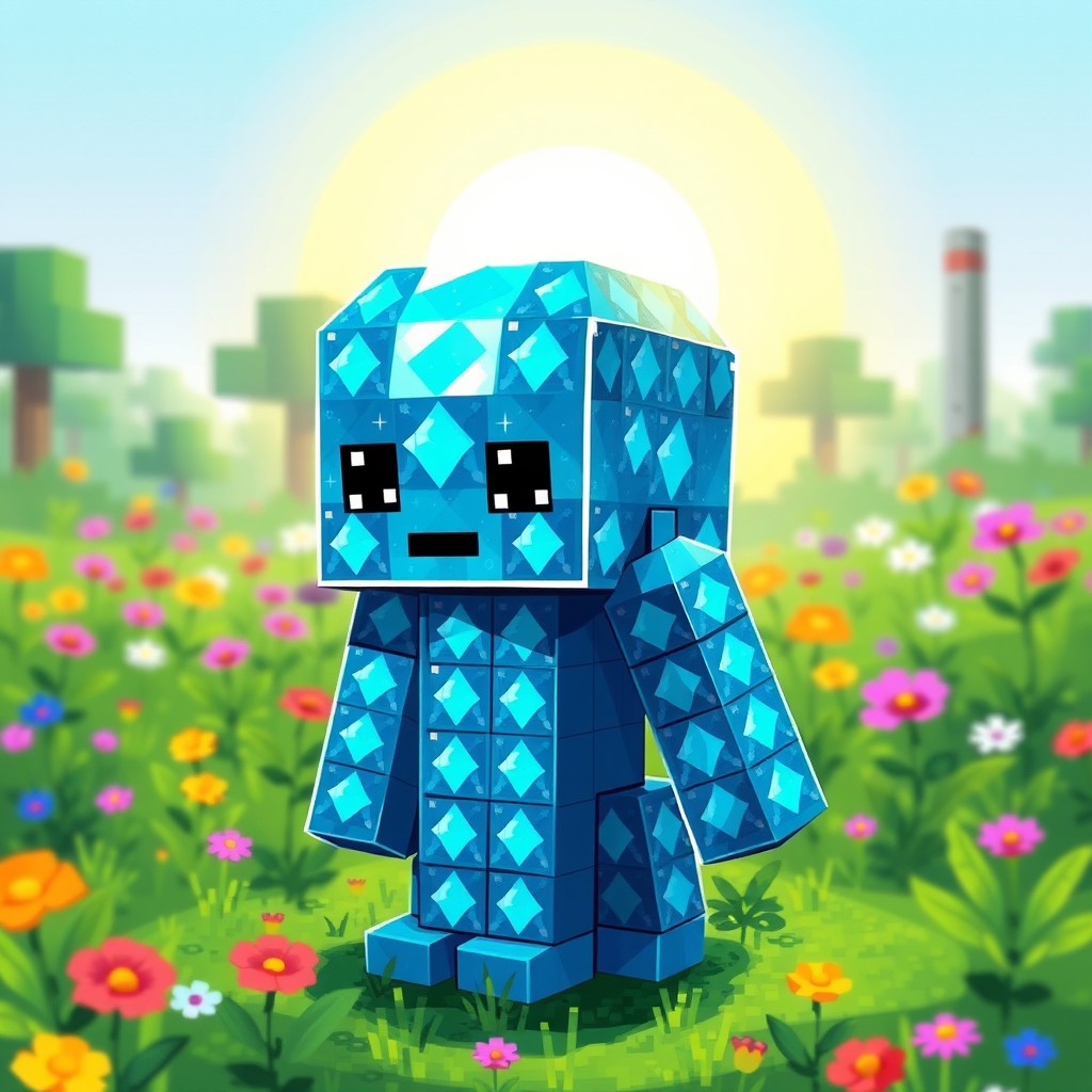 A diamond golem in a Minecraft-inspired pixel art style, showcasing brilliant blue diamond textures that sparkle brightly
