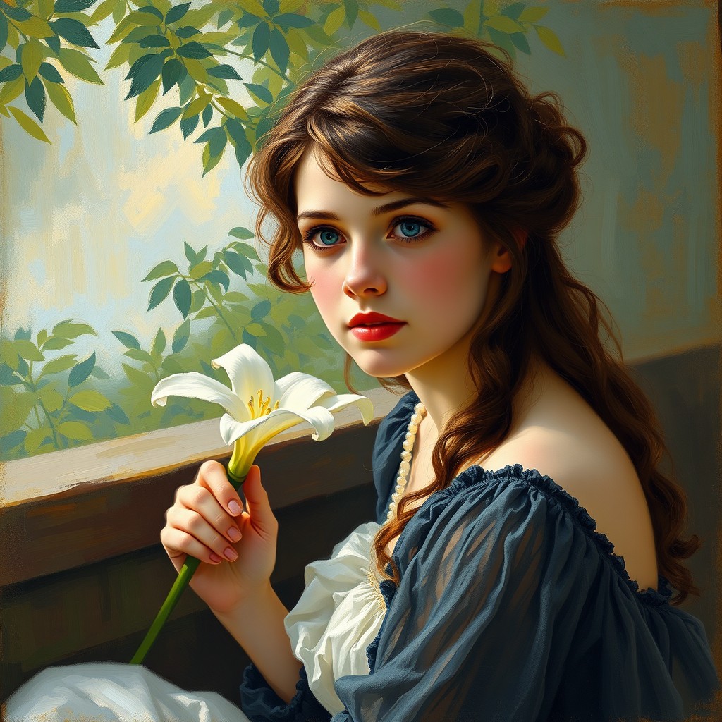 A beautiful young woman, eighteen years old, with dark chestnut hair and blue eyes, sitting gracefully while holding a lily in her hand