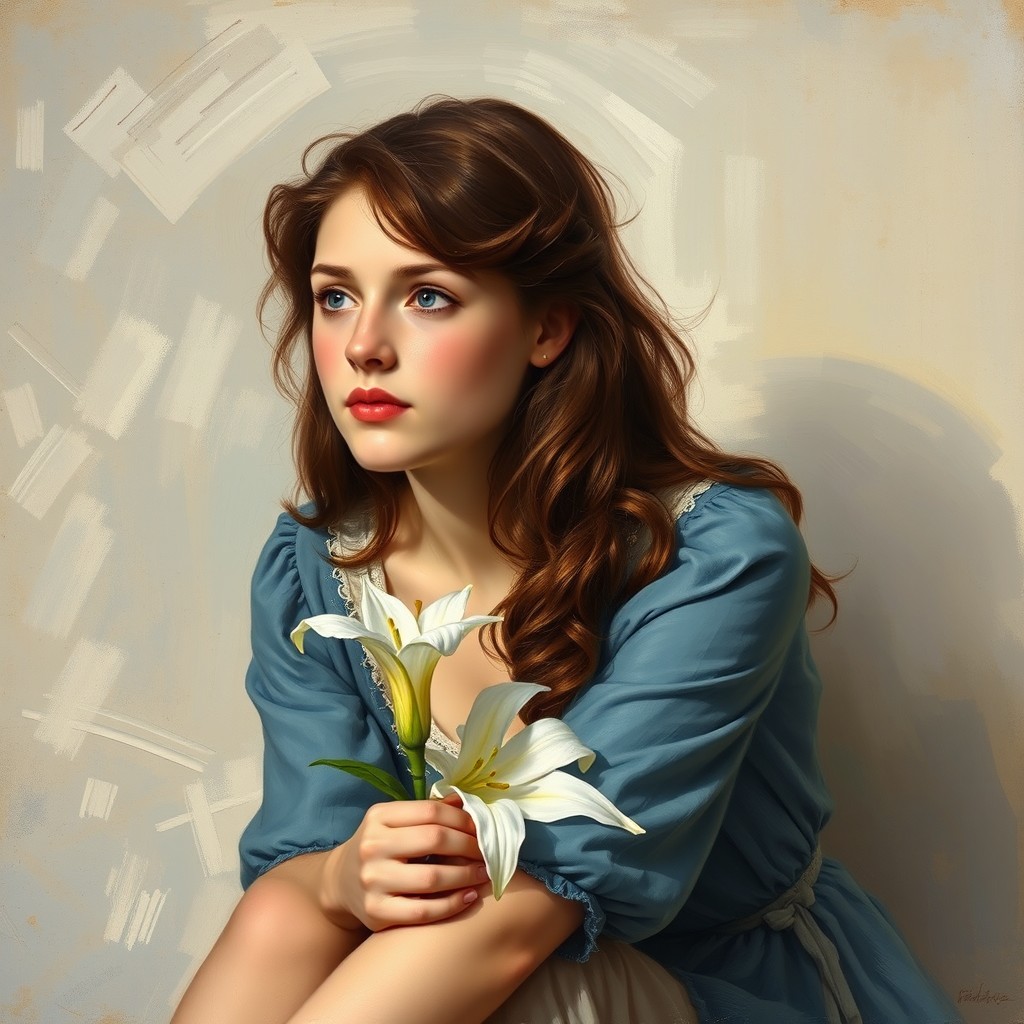 A beautiful young woman, eighteen years old, with dark chestnut hair and blue eyes, has gently tinted lips