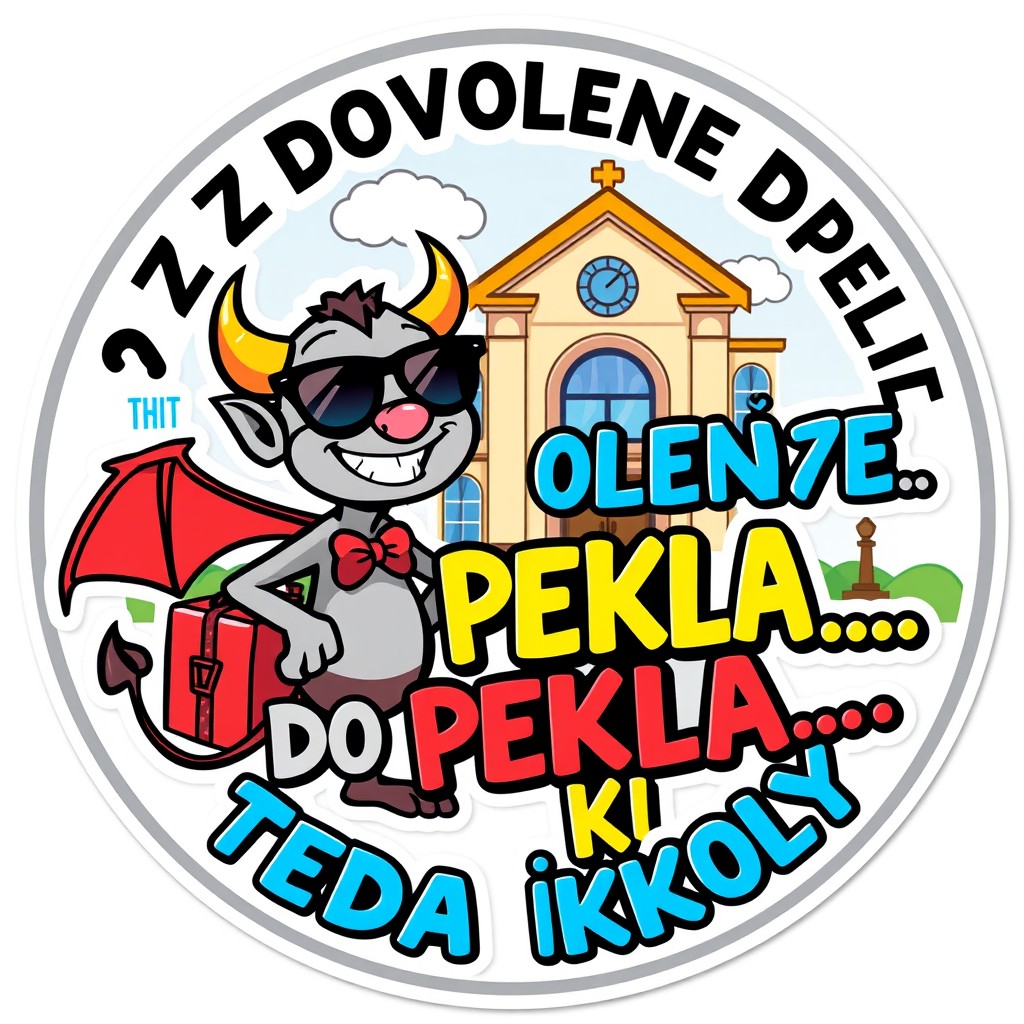 A vibrant circular sticker design featuring a cartoon devil with a mischievous grin, standing next to a classic school building