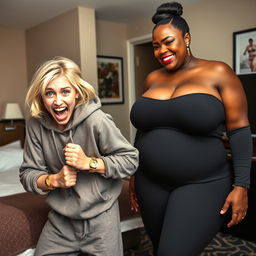 Inside a hotel room, a young, wild and slightly malnourished blonde woman, around 20 years old with medium-length blonde hair and big blue eyes, is in a desperate fighting stance