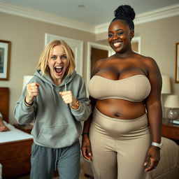 Inside a hotel room, a young, wild and slightly malnourished blonde woman, around 20 years old with medium-length blonde hair and big blue eyes, is in a desperate fighting stance